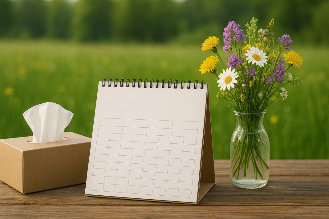 Kalendarz, bukiet kwiatów i paczka chusteczek na tle łąki i lasu w kontekście pylenia alergenów