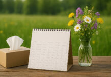 Kalendarz, bukiet kwiatów i paczka chusteczek na tle łąki i lasu w kontekście pylenia alergenów