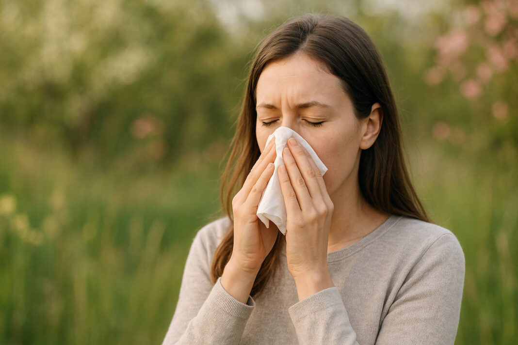 Kobieta smarkająca (katar sienny) pośród traw i natury