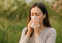 Kobieta smarkająca (katar sienny) pośród traw i natury