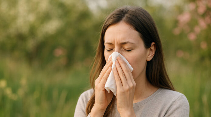 Kobieta smarkająca (katar sienny) pośród traw i natury