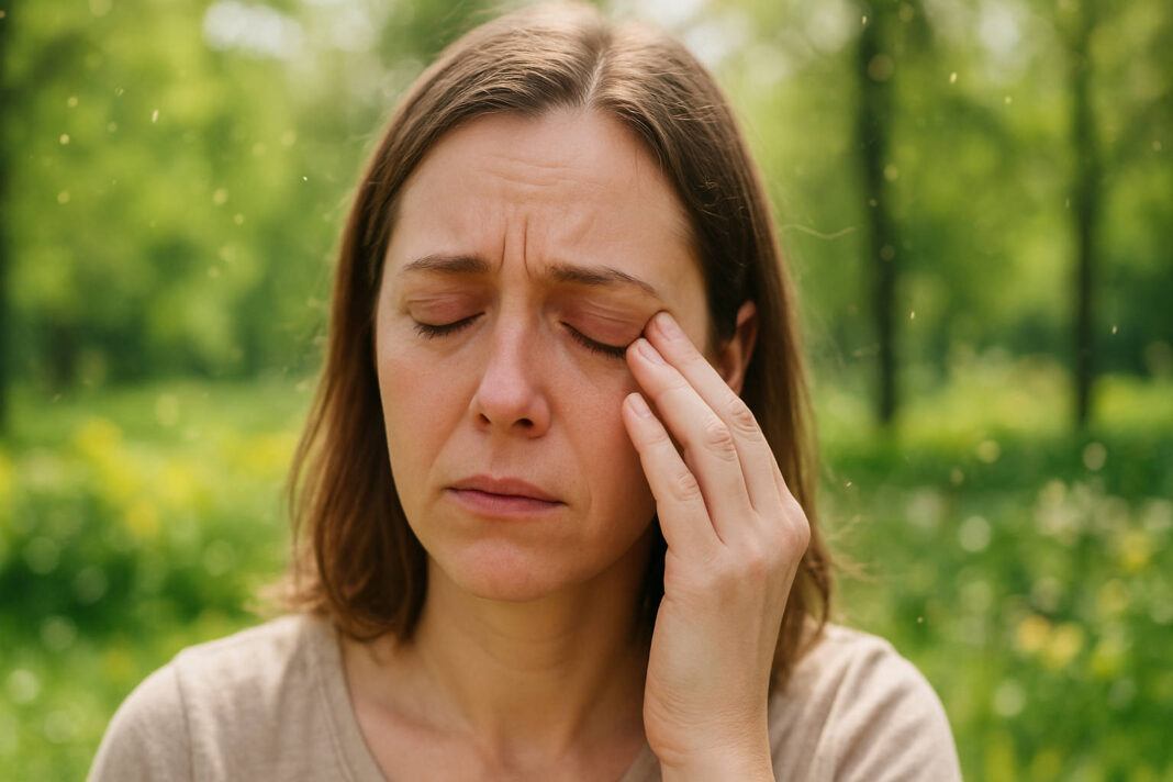 swedzenie-oczu Kobieta w lesie na wiosnę, pocierająca swędzące oczy