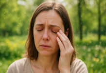 Swędzenie oczu na wiosnę i lato. Jak rozpoznać uczulenie? Kobieta w lesie na wiosnę, pocierająca swędzące oczy