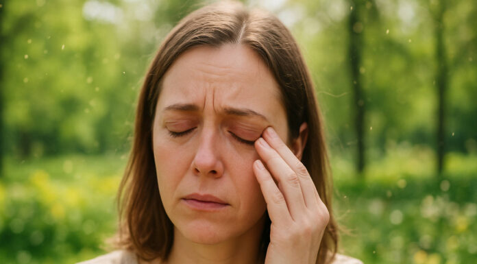 Kobieta w lesie na wiosnę, pocierająca swędzące oczy