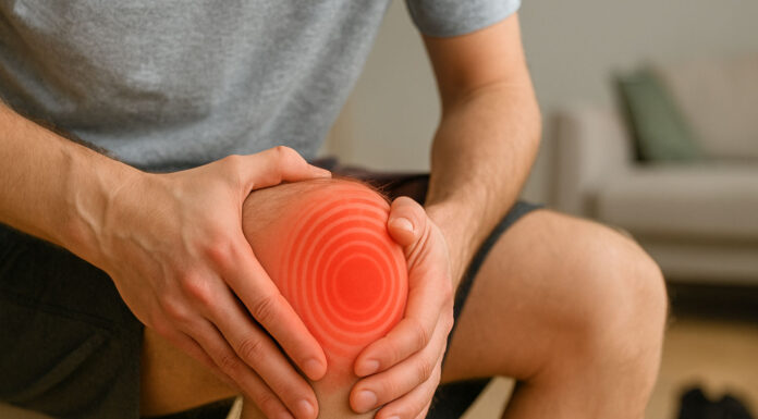 Ból kolana – naturalne i farmaceutyczne sposoby na ulgę Ból w kolanie. Mężczyzna trzymający się za kolano