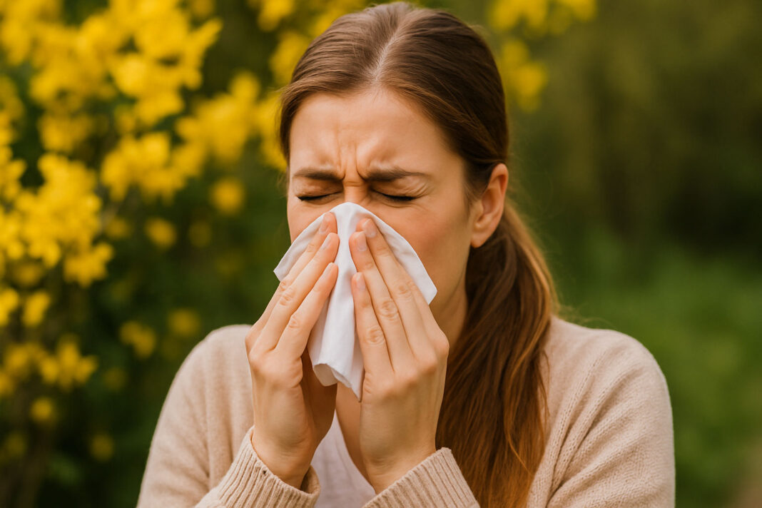 rodzaje-alergii Kobieta z alergią smarkająca, w tle kwiaty