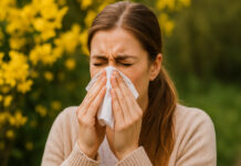 Kobieta z alergią smarkająca, w tle kwiaty