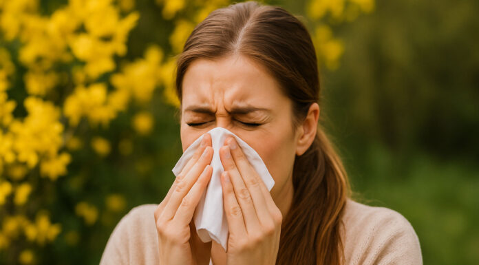 Rodzaje alergii – jak rozpoznać objawy i je leczyć? Kobieta z alergią smarkająca, w tle kwiaty