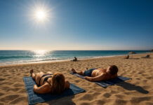 Najczęstsze objawy udaru słonecznego i pierwsza pomoc Ludzie opalający się na plaży
