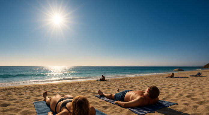 Najczęstsze objawy udaru słonecznego i pierwsza pomoc Ludzie opalający się na plaży