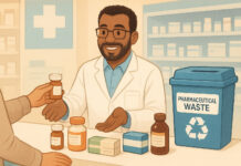 Utylizacja leków – co zrobić z przeterminowanymi lekami? Aptekarz przyjmujący przeterminowane leki - grafika