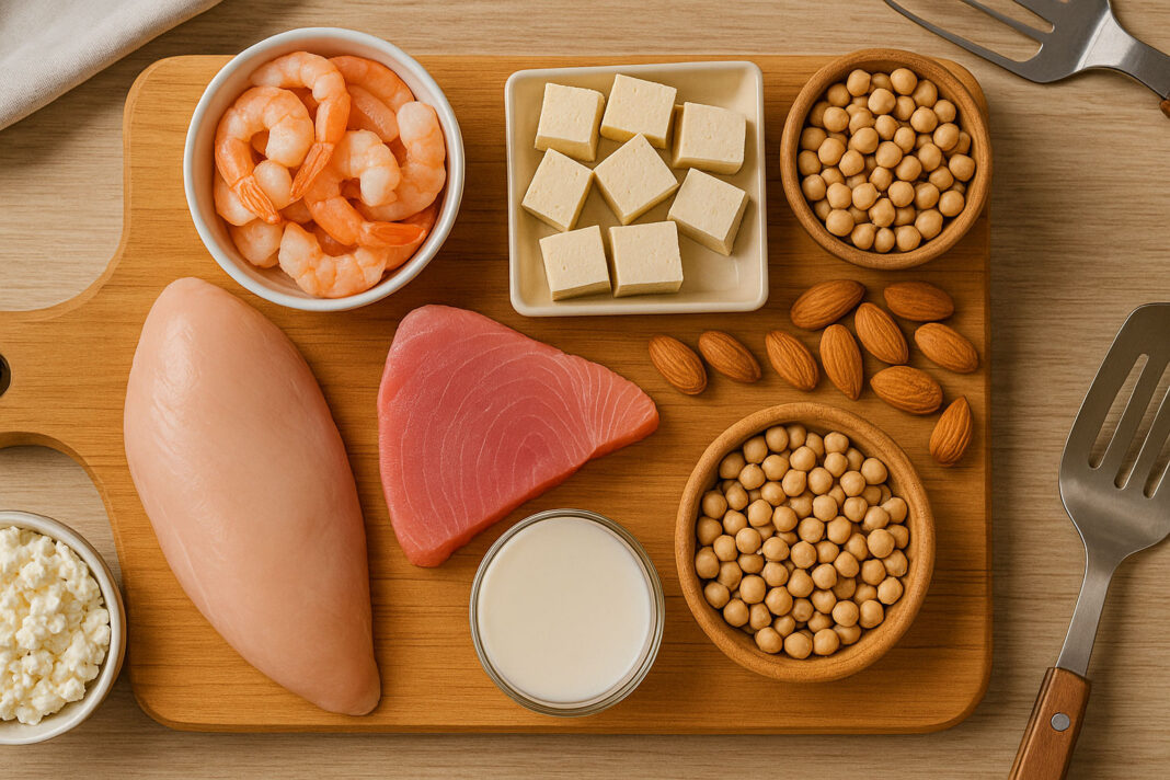 zrodla-bialka Produkty bogate w białko - krewetki, ciecierzyca, mięso, ryby, tofu