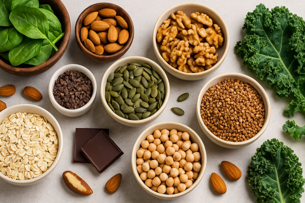 Produkty bogate w magnez - jarmuż, orzechy włoskie, migdały, szpinak i inne