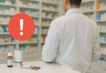 Komunikat GIF - w tle farmaceuta w aptece