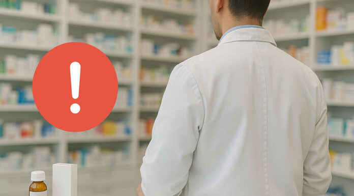 Komunikat GIF - w tle farmaceuta w aptece