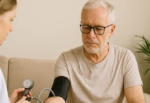 Mężczyzna z nadciśnieniem, mierzący ciśnienie z lekarzem