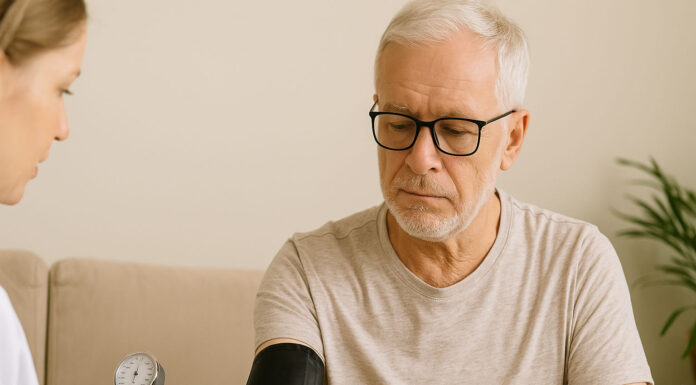 Mężczyzna z nadciśnieniem, mierzący ciśnienie z lekarzem