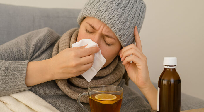 Przeziębiona kobieta z lekami