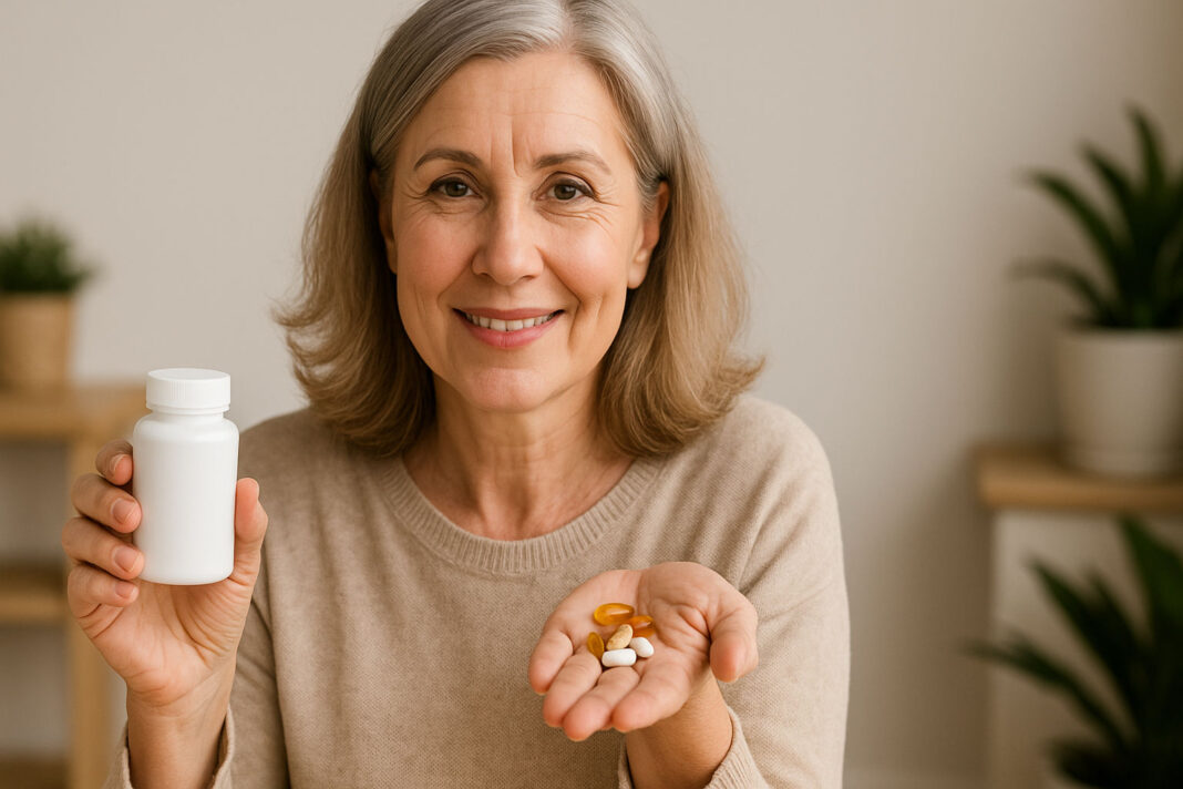 Kobieta po 40-tce trzymająca suplementy diety