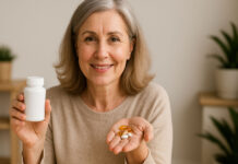 Kobieta po 40-tce trzymająca suplementy diety