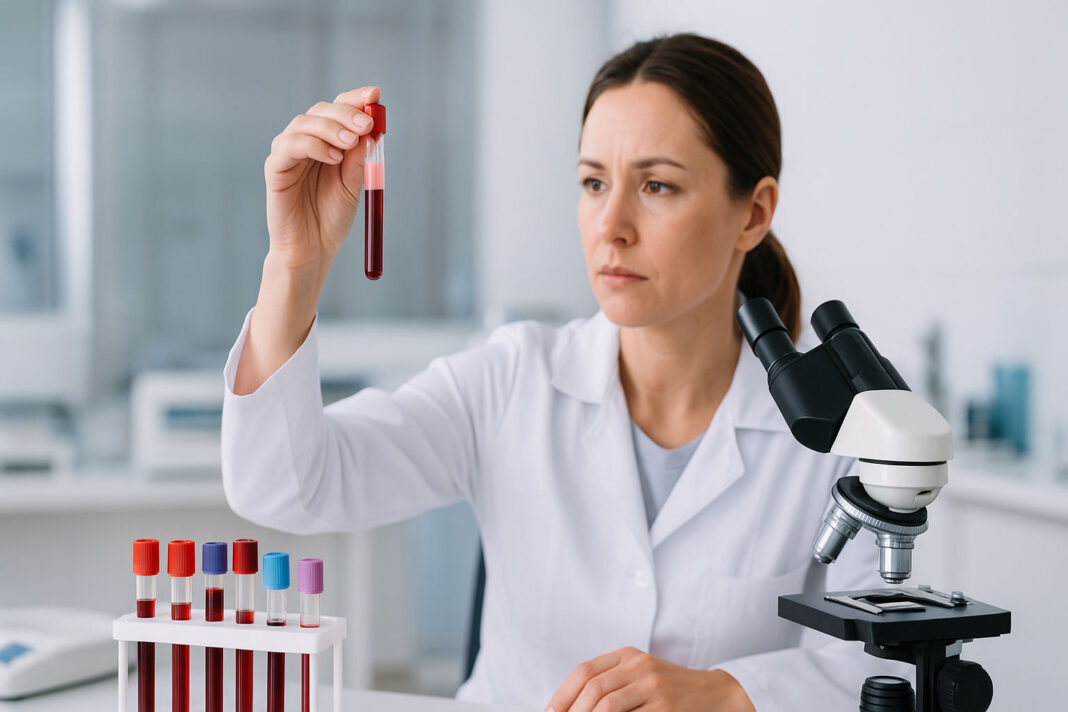 Badanie-cholesterol-trojglicerydy Lekarka badająca krew - cholesterol i trójglicerydy