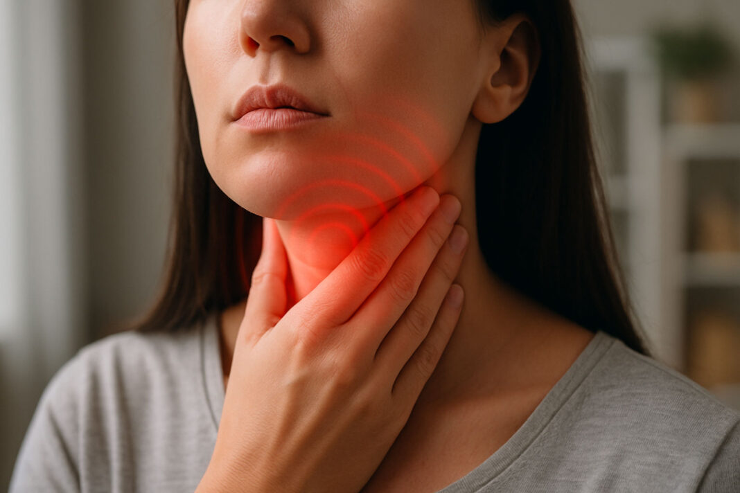 Kobieta z anginą trzymająca się za gardło