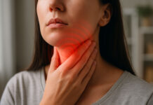 Kobieta z anginą trzymająca się za gardło