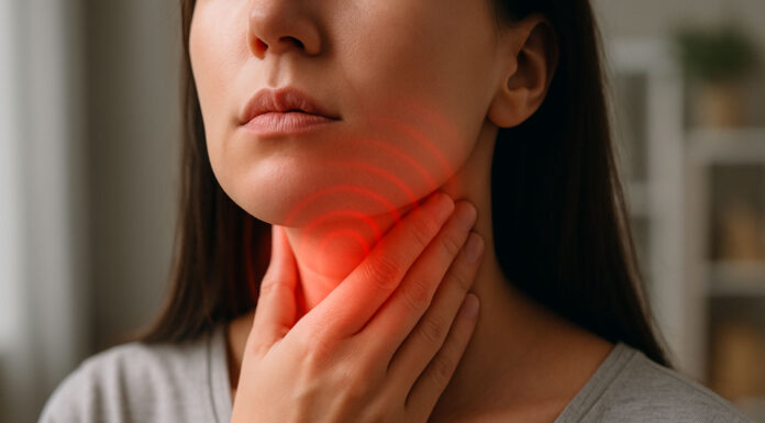 Kobieta z anginą trzymająca się za gardło