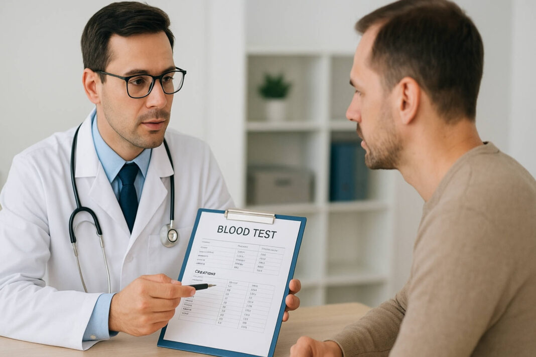 Mężczyzna w gabinecie lekarskim, omawiający z lekarzem badanie kreatyniny we krwi