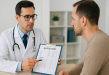 Mężczyzna w gabinecie lekarskim, omawiający z lekarzem badanie kreatyniny we krwi