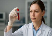 Kobieta badająca krew podczas wykonywania badania TSH