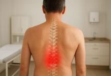 Mężczyzna z zacznaczonym fragmentem kręgosłupa z potencjalną dyskopatią