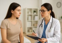 Kobieta podczas konsultacji lekarskiej wyniku badania gastroskopii