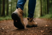 nogi osoby spacerującej po lesie