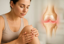 Kolagen – jaki ma wpływ na organizm: hit czy zbędny kit? Kobieta i rysunek stawu kolanowego