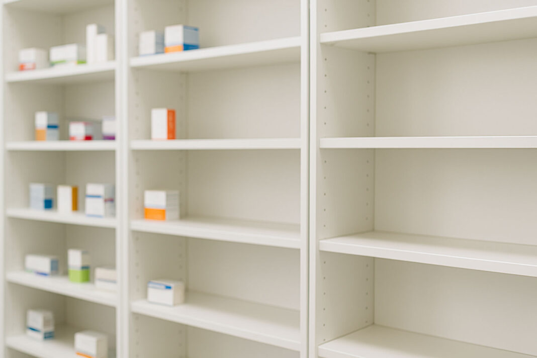 Leki zagrożone brakiem dostępności, grafika apteki z pustymi półkami