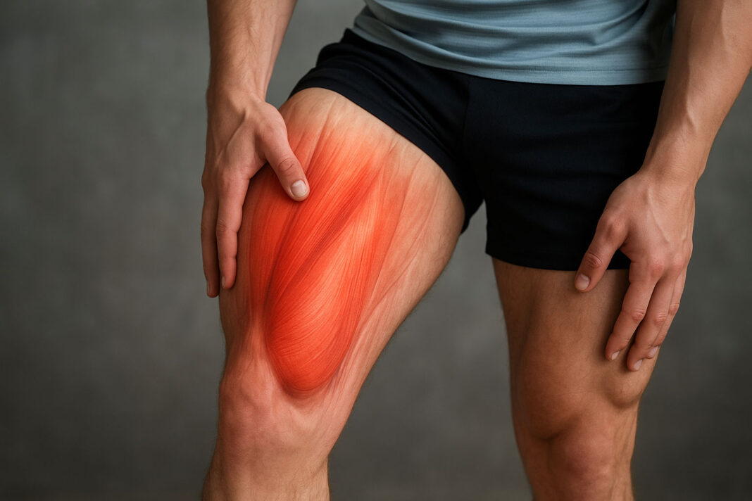 Mężczyzna z bólem mięśni uda, wizualizacja mięśni