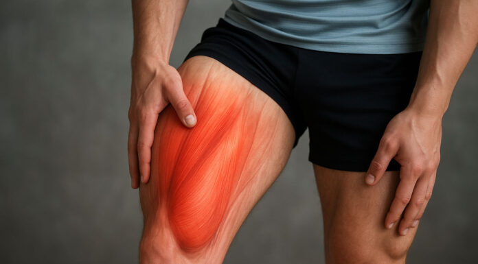 Mężczyzna z bólem mięśni uda, wizualizacja mięśni