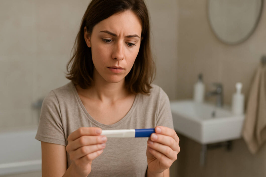 Kobieta spoglądająca na test ciążowy