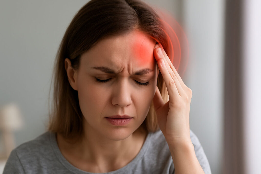 Kobieta z migreną, trzymająca się za głowę