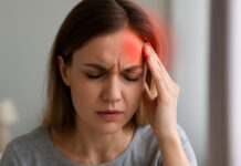 Kobieta z migreną, trzymająca się za głowę