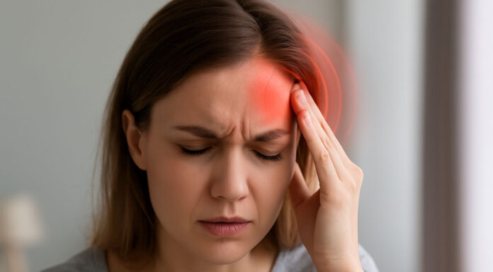 Kobieta z migreną, trzymająca się za głowę