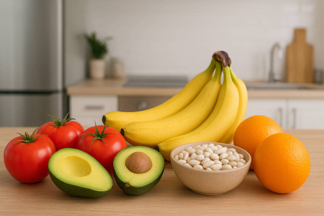 Produkty bogate w potas, banany, awokadi, pomidory, fasola, pomarańcze