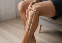 Mężczyzna z rysunkową anatomiczną kością wskazującą na niedobór wapnia i osteoporozę