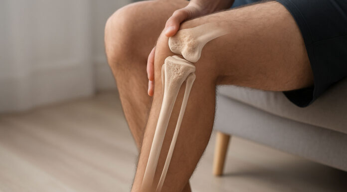 Mężczyzna z rysunkową anatomiczną kością wskazującą na niedobór wapnia i osteoporozę