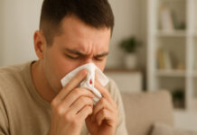 Mężczyzna krwawiący z nosa, objaw niedoboru witaminy K