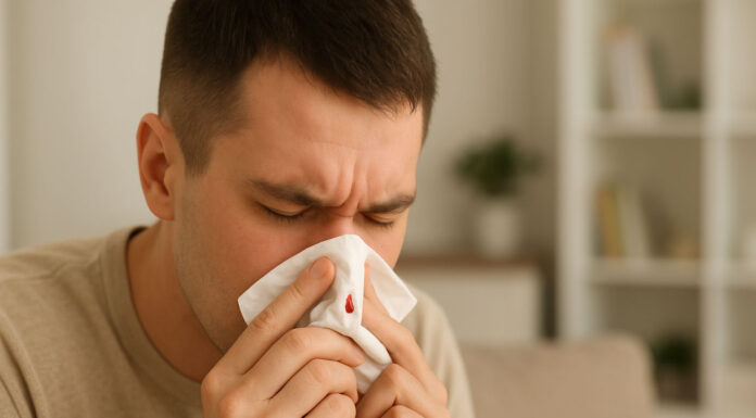 Mężczyzna krwawiący z nosa, objaw niedoboru witaminy K