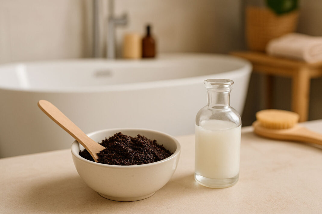 Peeling kawowy, olej kokosowy przygotowane do zabiegu w łazience