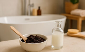 Peeling kawowy – działanie, przepis i efekty stosowania Peeling kawowy, olej kokosowy przygotowane do zabiegu w łazience