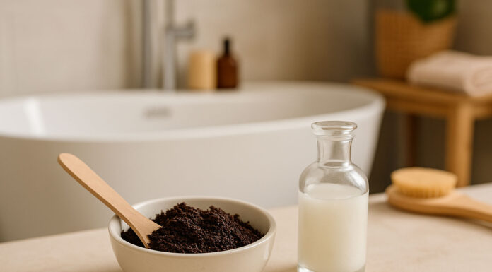 Peeling kawowy – działanie, przepis i efekty stosowania Peeling kawowy, olej kokosowy przygotowane do zabiegu w łazience